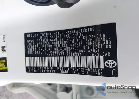 2020 Toyota Corolla Le из США, поврежденный, VIN 5YFEPRAE6LP086831